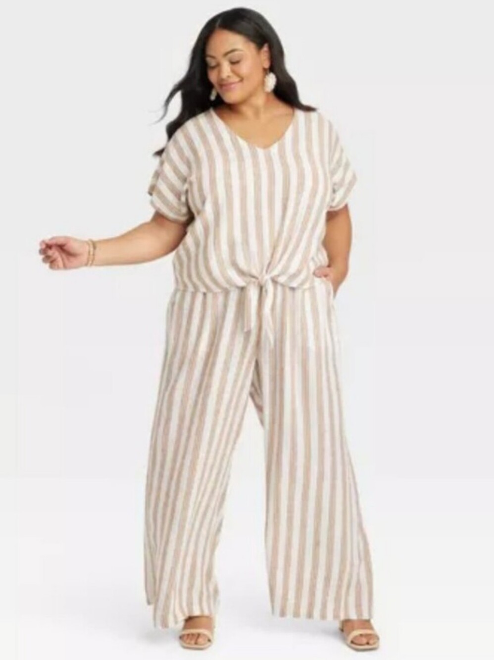 🆕Plus Size Striped Tie-Front 2PC Set - Beige/White Drawstring Pants w Pckets.